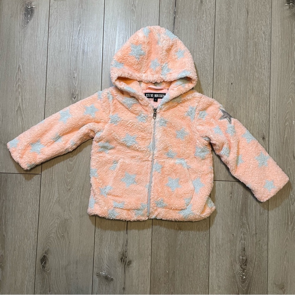 Steve‎ Madden Toddler Girls' Faux Shearling Star Hoodie Jacket Cozy Pink Blue 4T